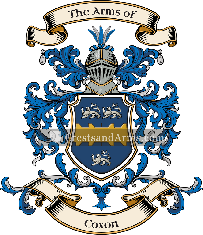 The Coxon coat of arms, drawn from the recorded blazon