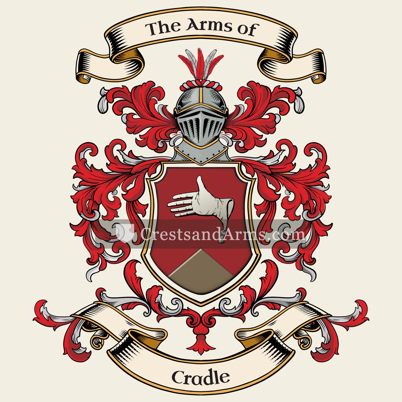 The Cradle coat of arms, drawn from the recorded blazon