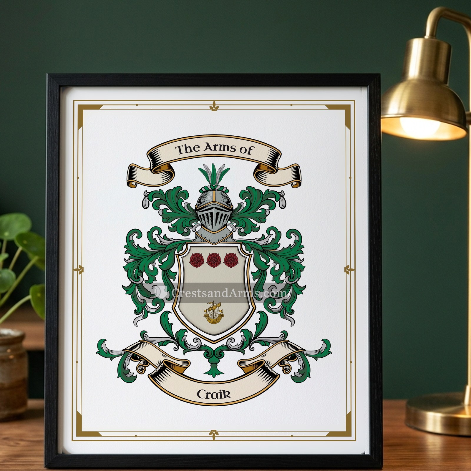 The Craik arms on the framed, black wood