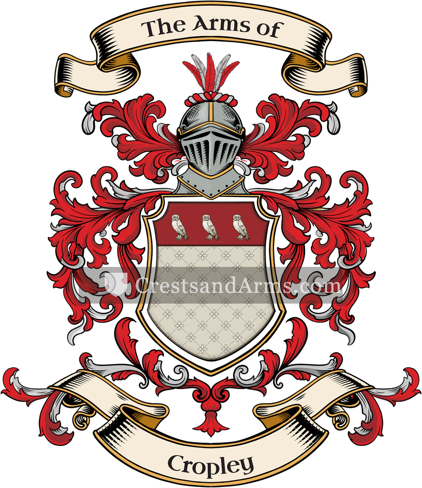 The Cropley coat of arms, drawn from the recorded blazon