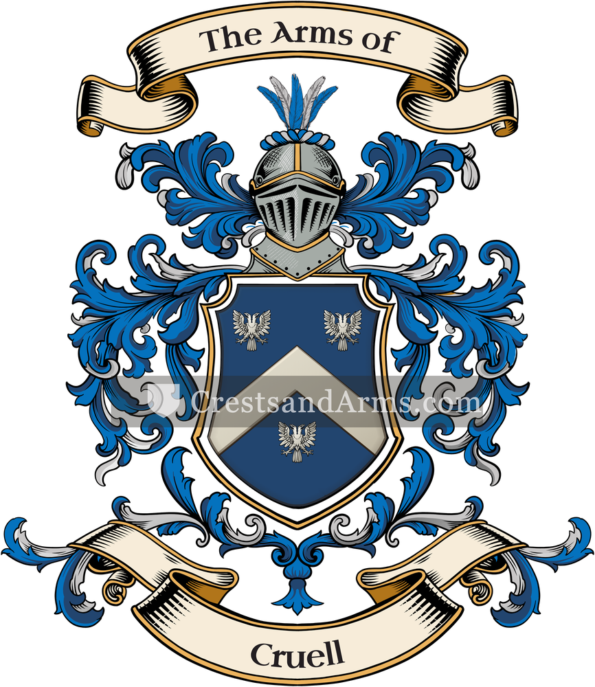 The Cruell coat of arms, drawn from the recorded blazon