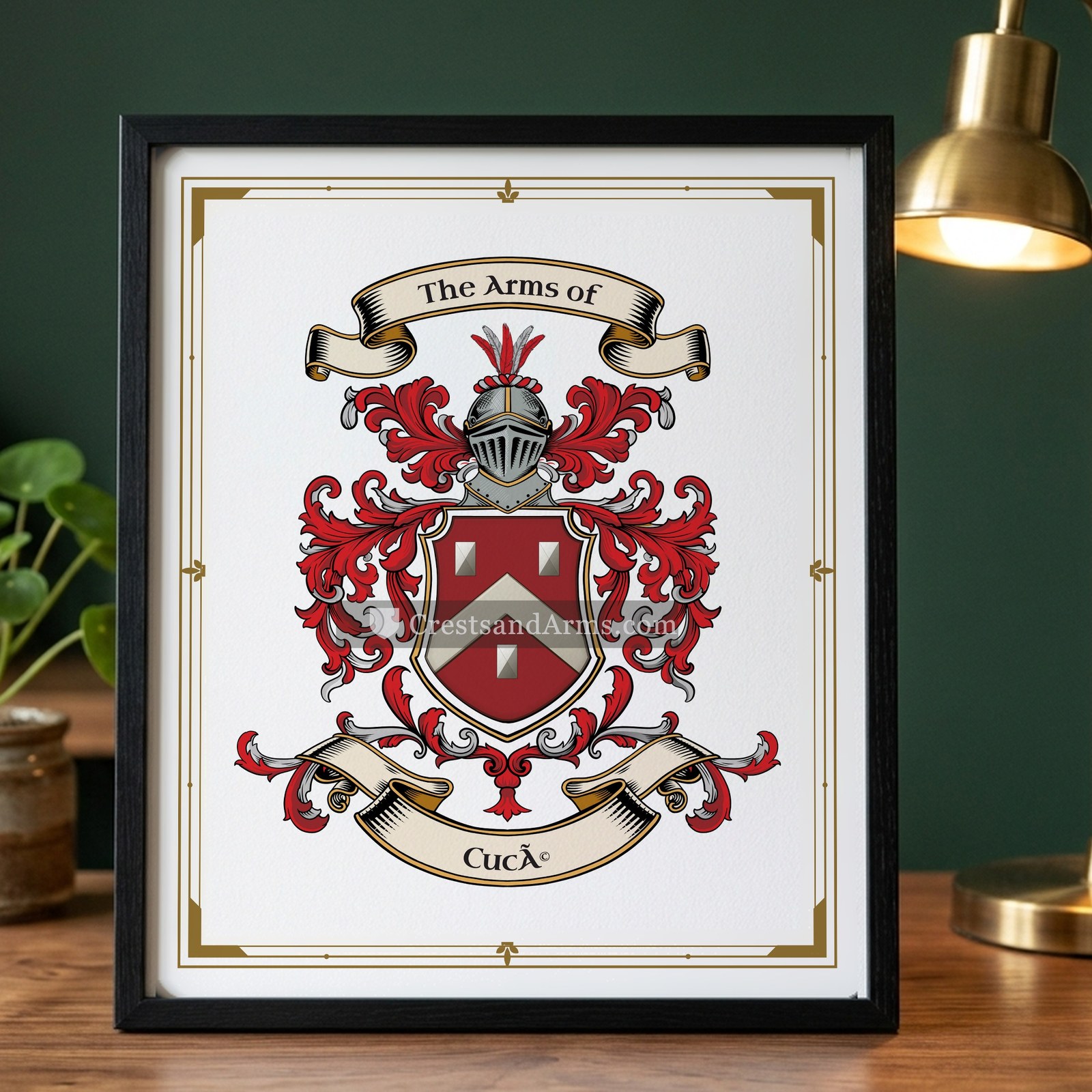 The Cucé arms on the framed, black wood