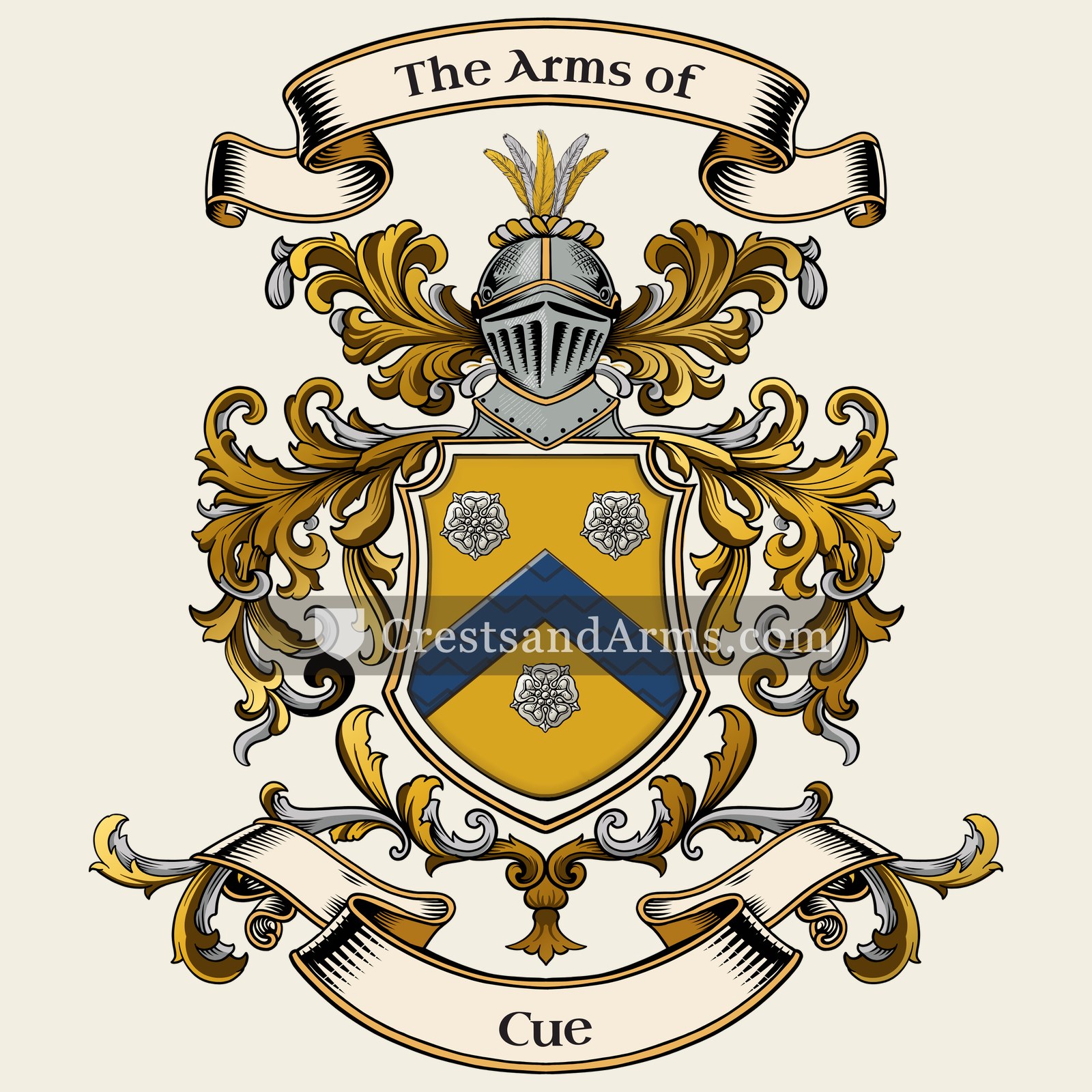 The Cue coat of arms, drawn from the recorded blazon