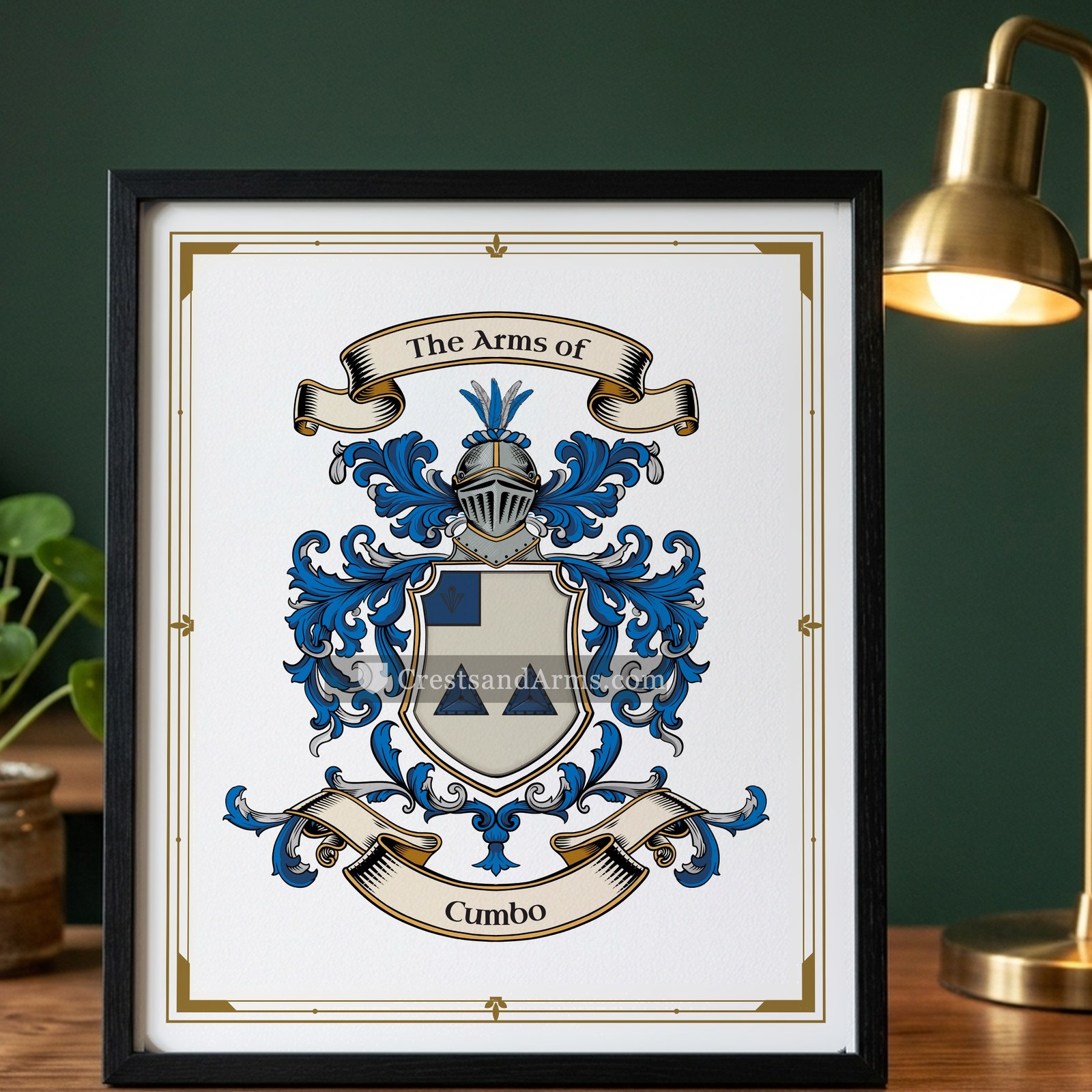 The Cumbo arms on the framed, black wood