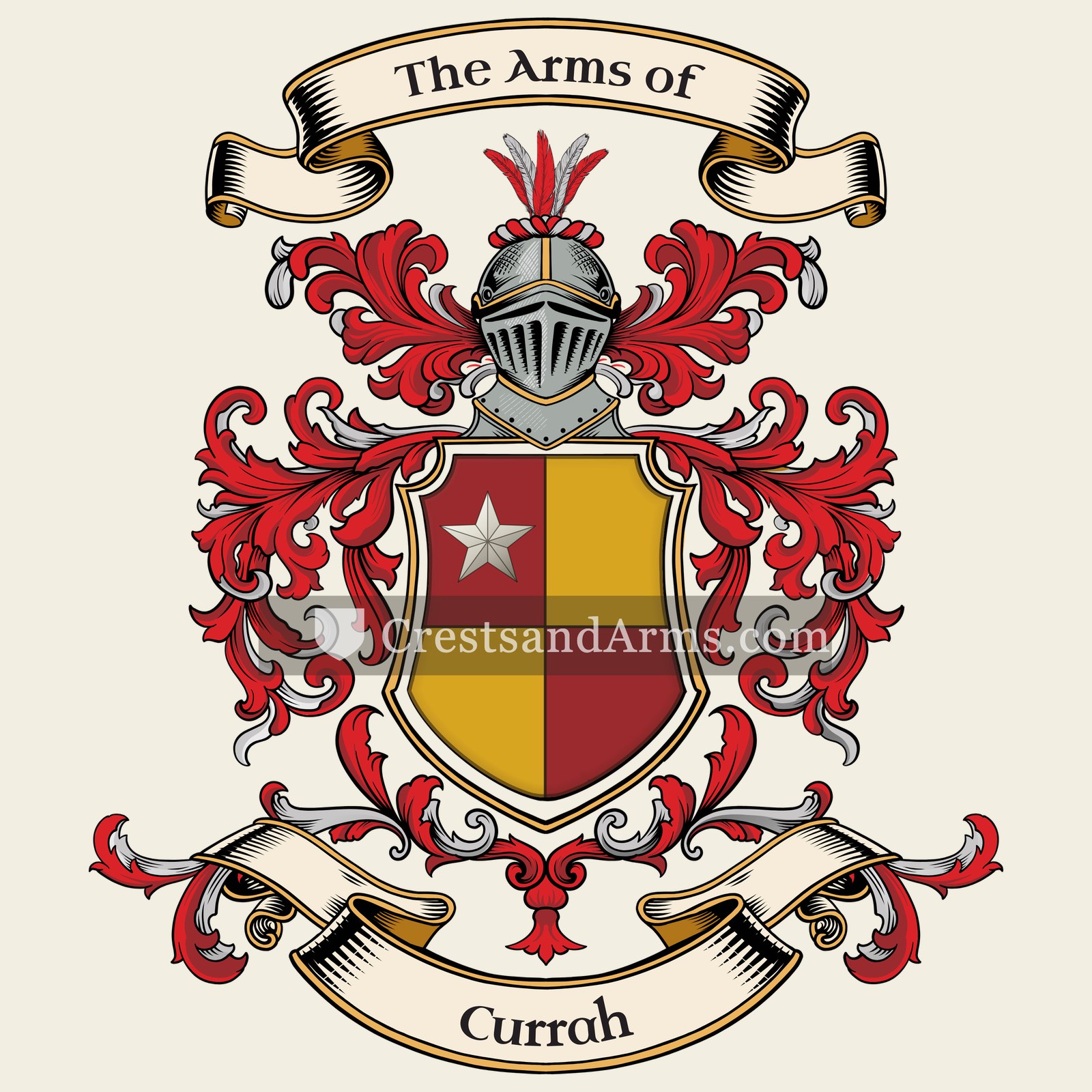 The Currah coat of arms, drawn from the recorded blazon