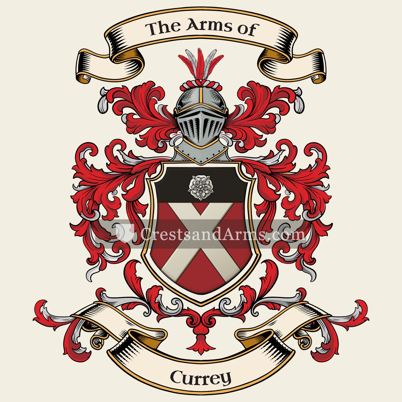 The Currey coat of arms, drawn from the recorded blazon
