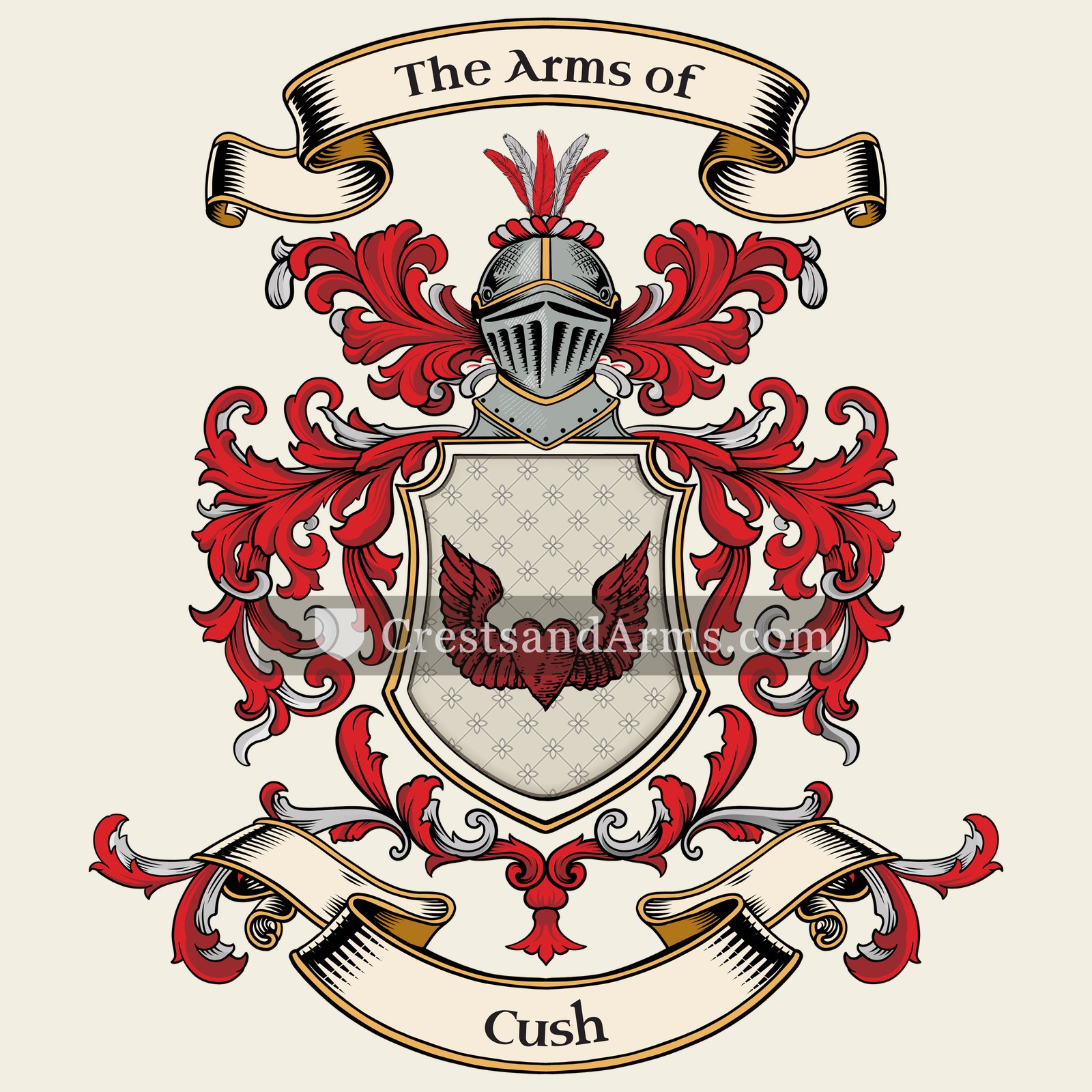 The Cush coat of arms, drawn from the recorded blazon
