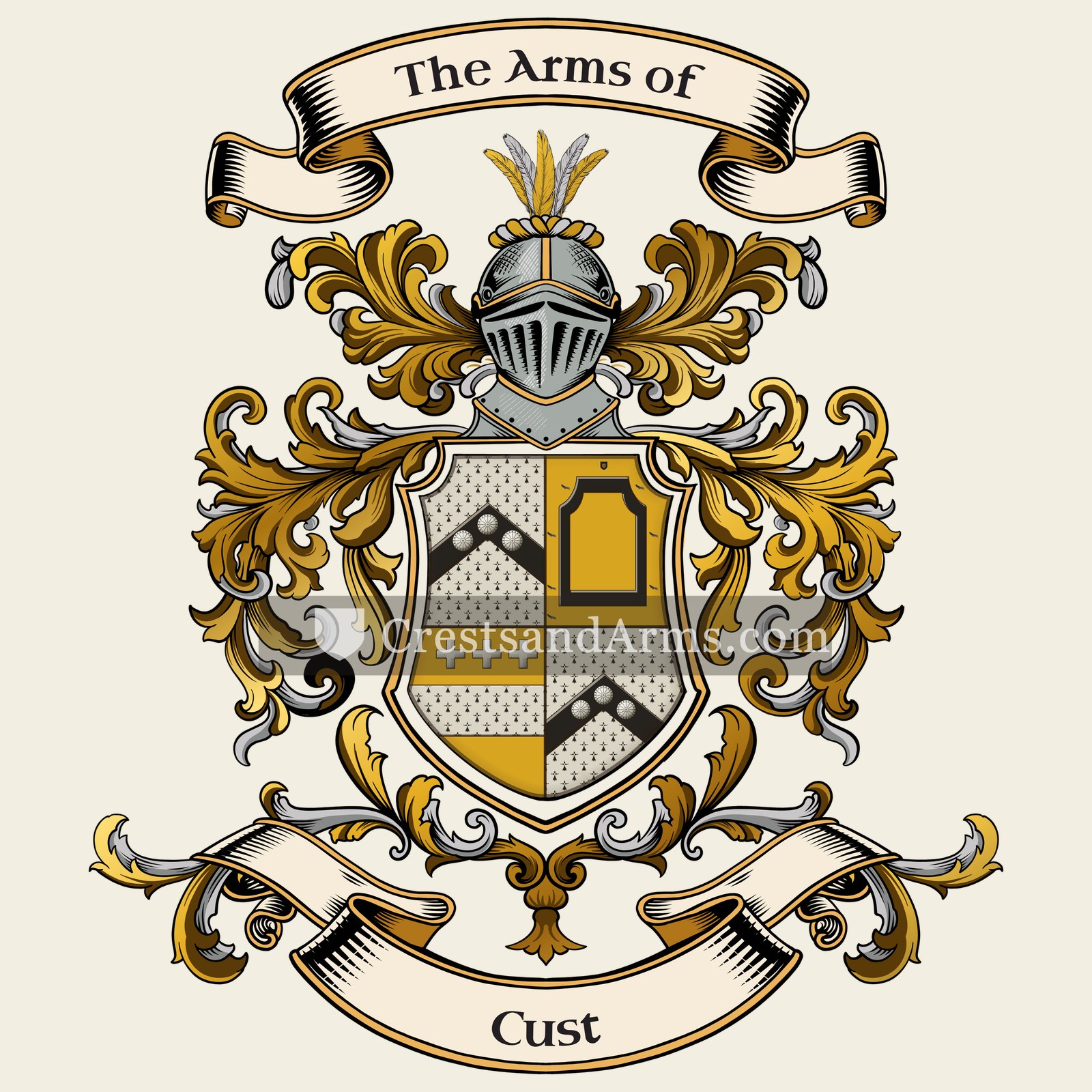 The Cust coat of arms, drawn from the recorded blazon