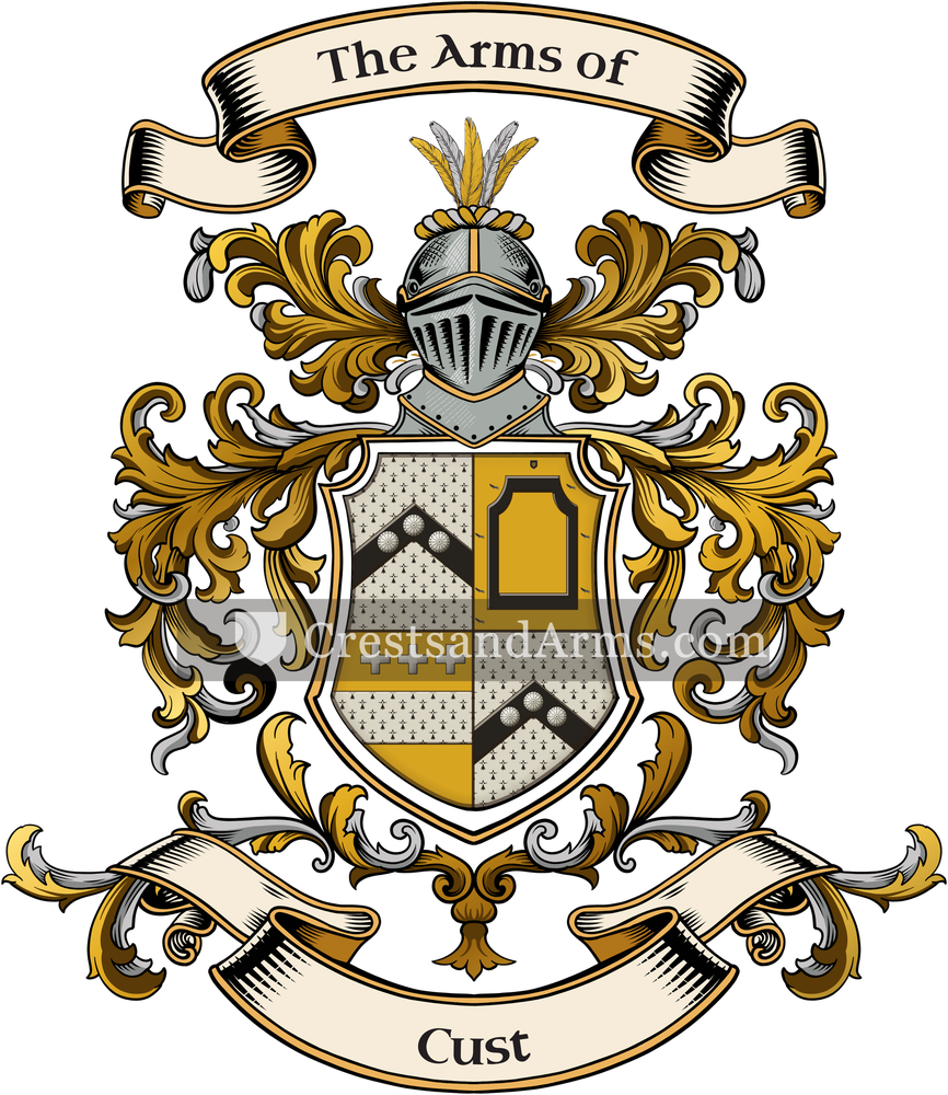 The Cust coat of arms, drawn from the recorded blazon