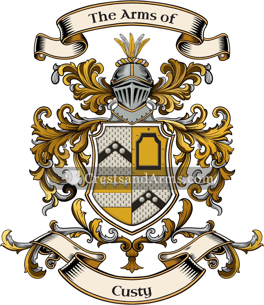 The Custy coat of arms, drawn from the recorded blazon