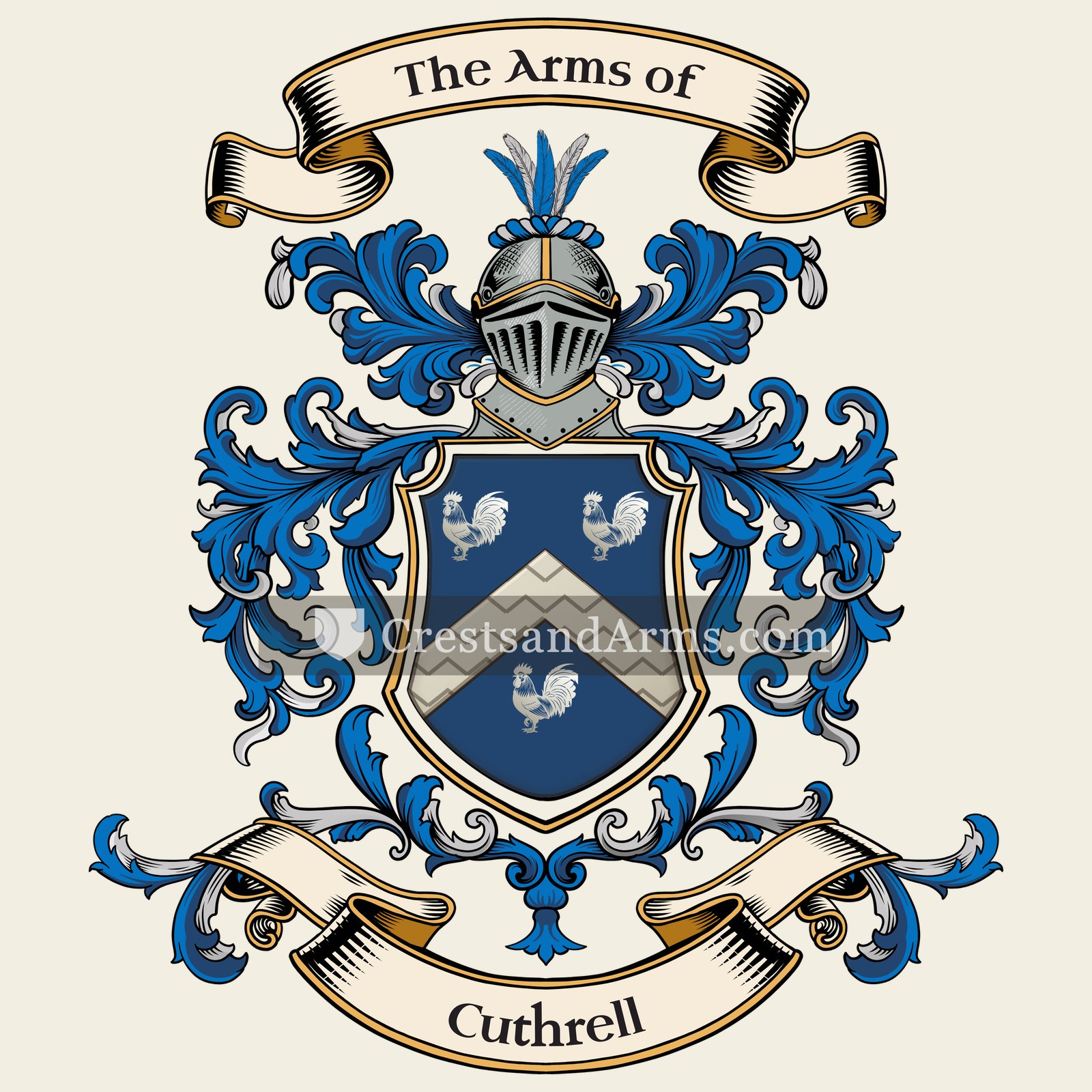 The Cuthrell coat of arms, drawn from the recorded blazon