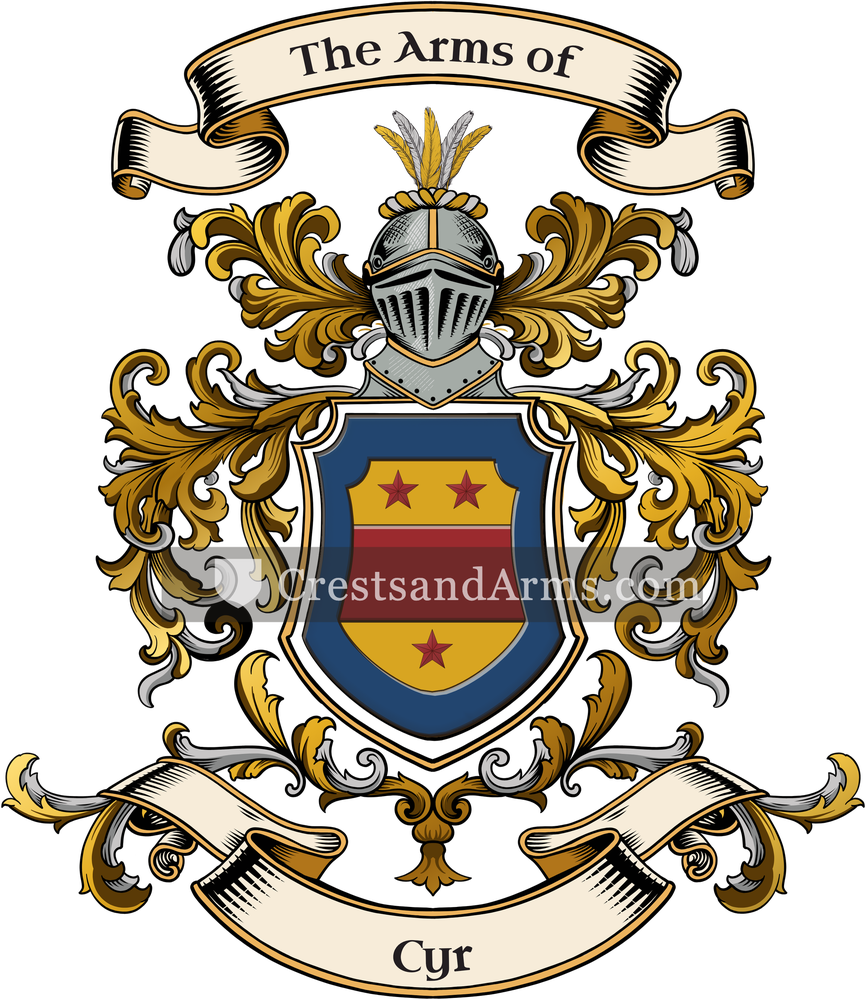 The Cyr coat of arms, drawn from the recorded blazon