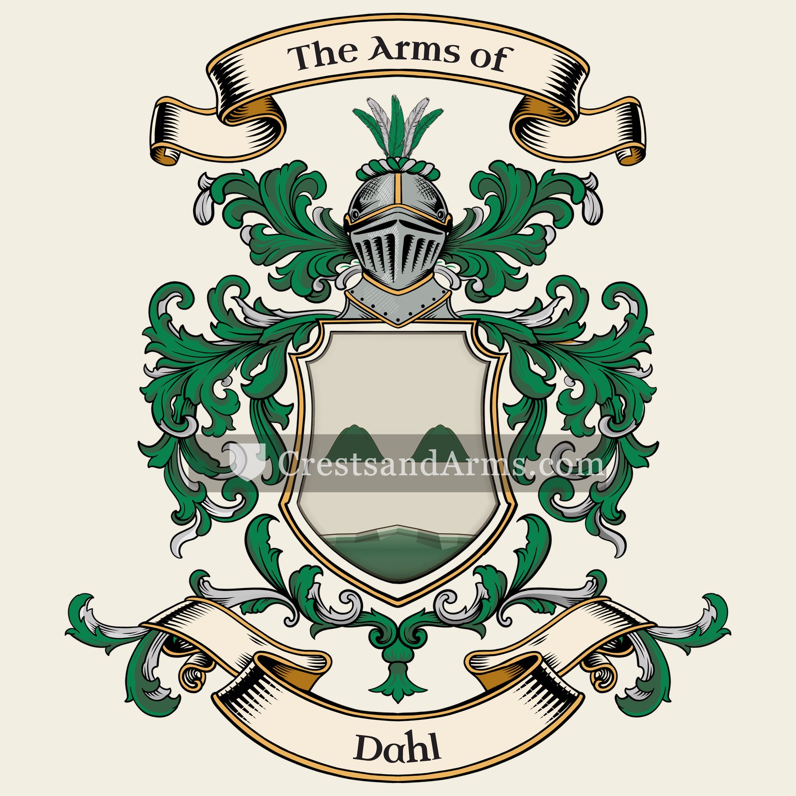 The Dahl coat of arms, drawn from the recorded blazon