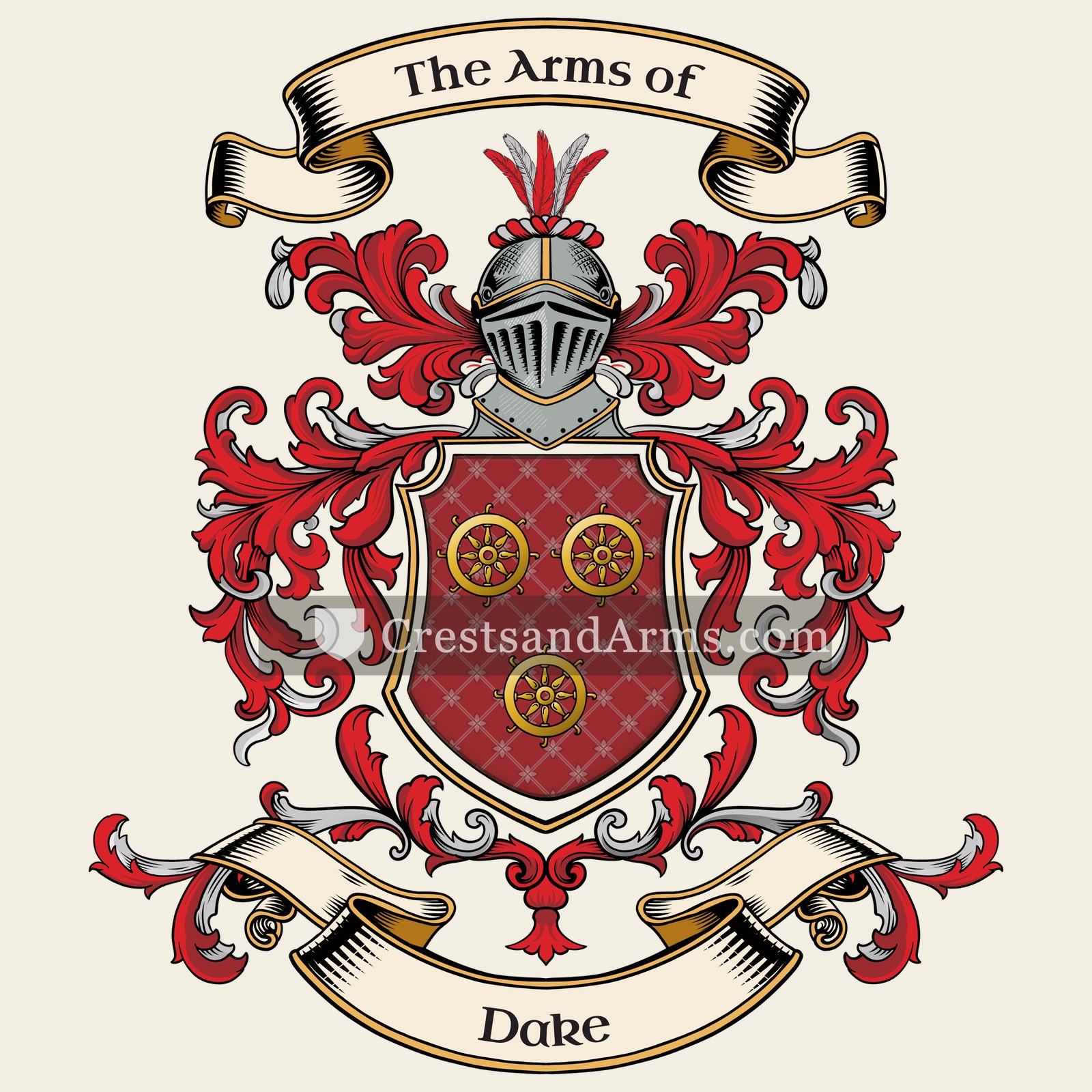 The Dake coat of arms, drawn from the recorded blazon