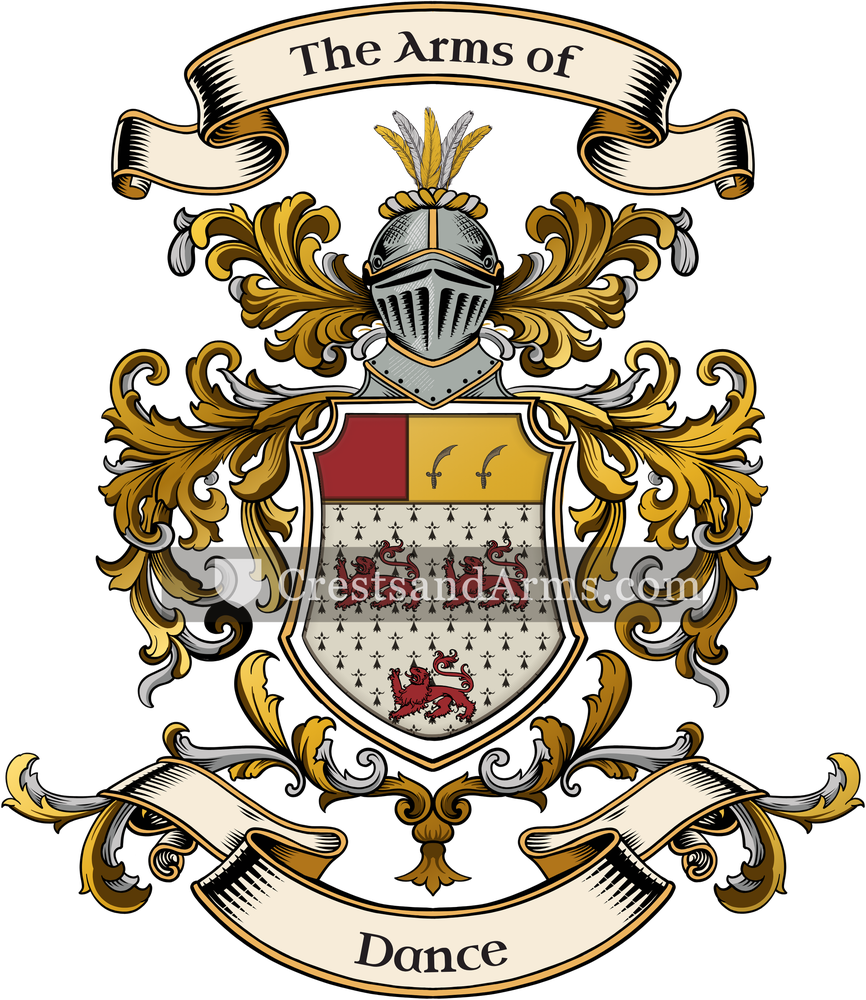 The Dance coat of arms, drawn from the recorded blazon