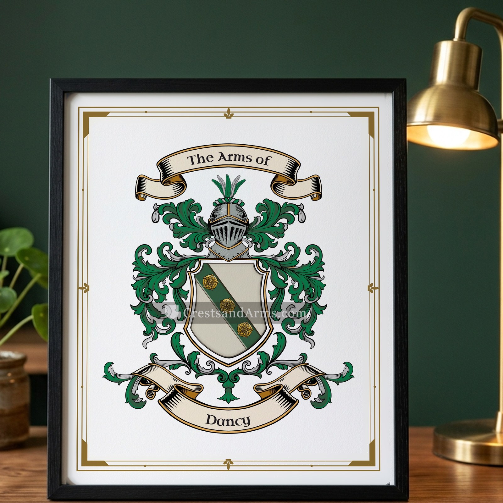 The Dancy arms on the framed, black wood