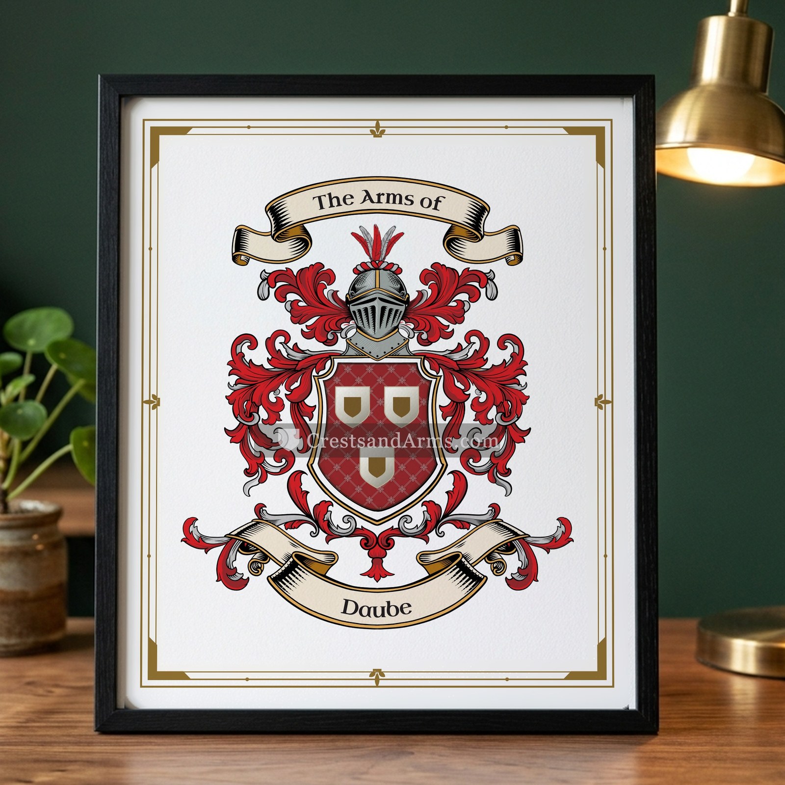 The Daube arms on the framed, black wood