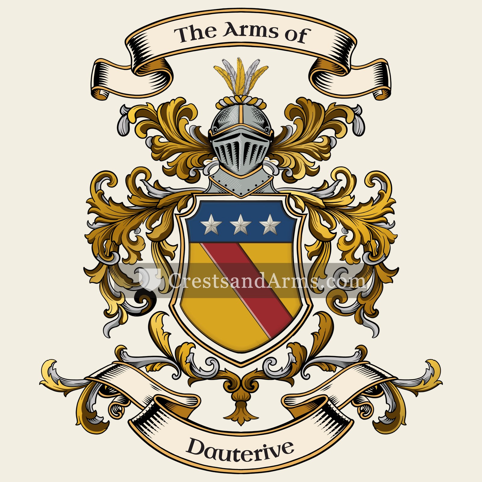 The Dauterive coat of arms, drawn from the recorded blazon