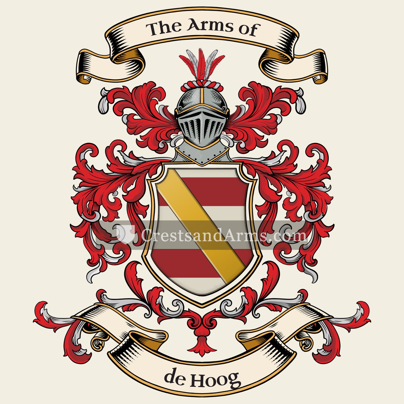 The de Hoog coat of arms, drawn from the recorded blazon