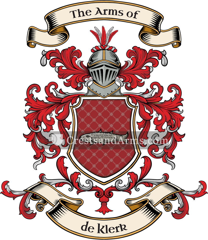 The de Klerk coat of arms, drawn from the recorded blazon