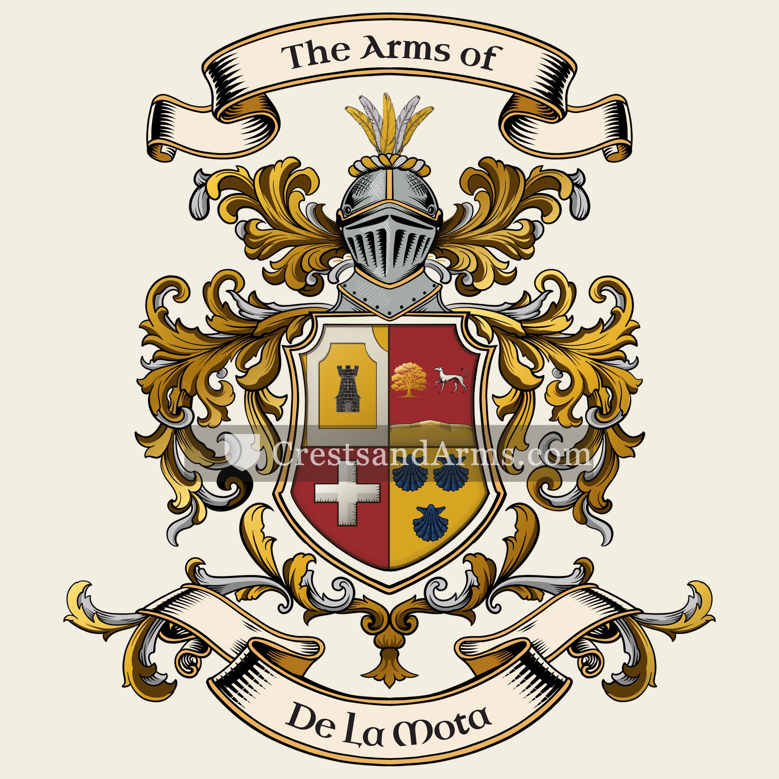 The De La Mota coat of arms, drawn from the recorded blazon