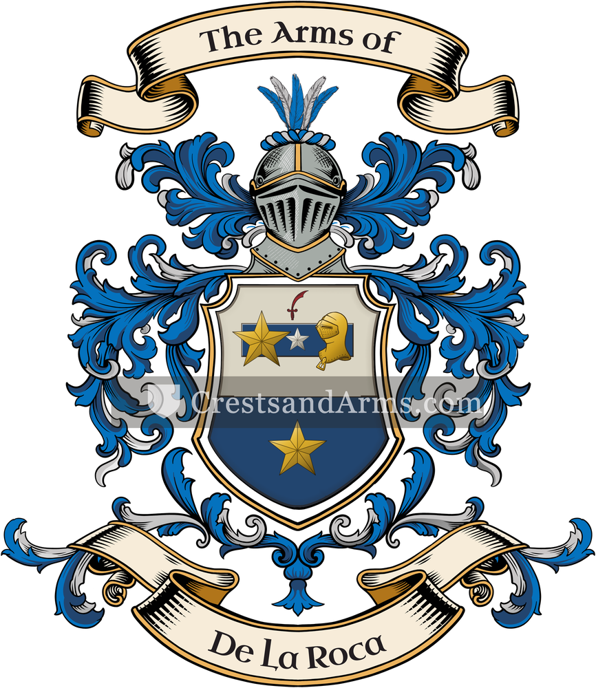 The De La Roca coat of arms, drawn from the recorded blazon