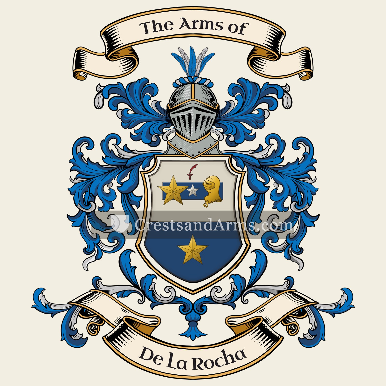 The De La Rocha coat of arms, drawn from the recorded blazon