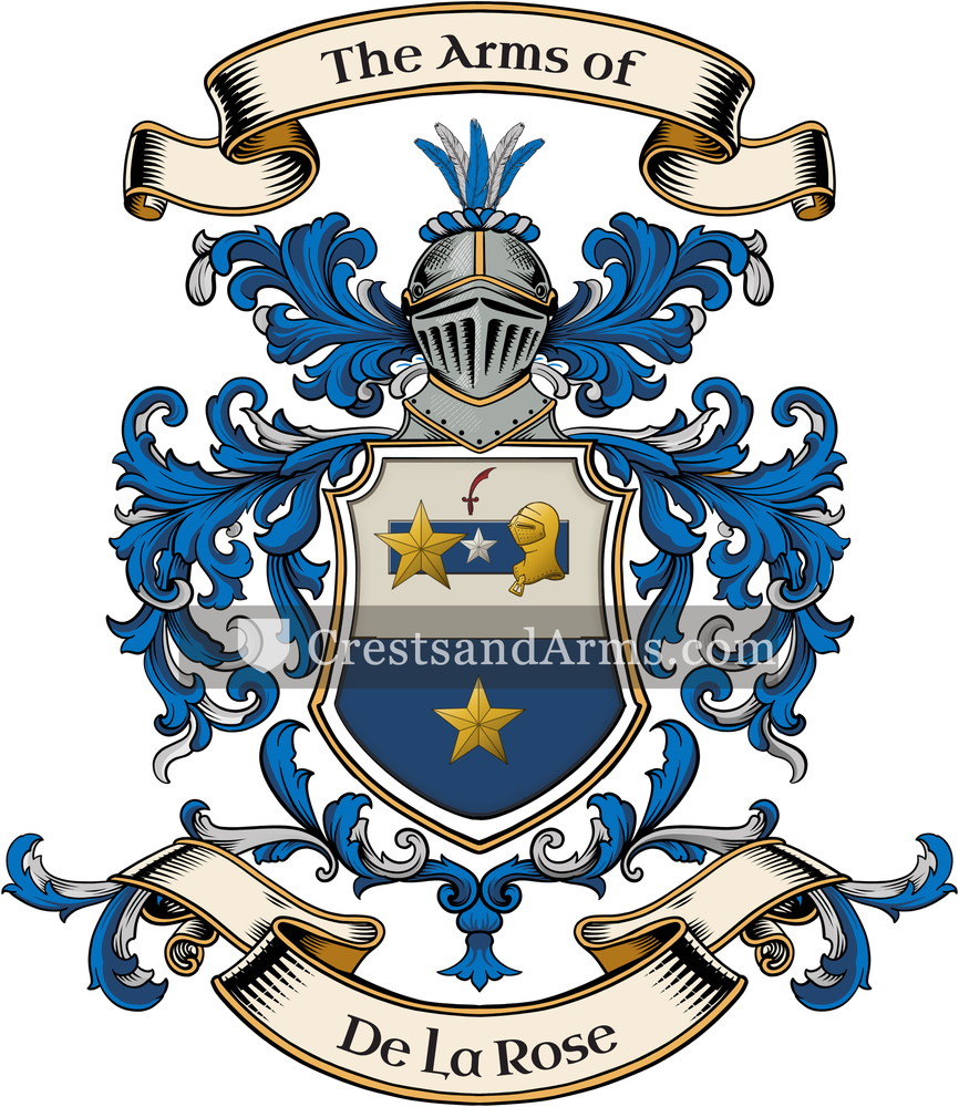 The De La Rose coat of arms, drawn from the recorded blazon
