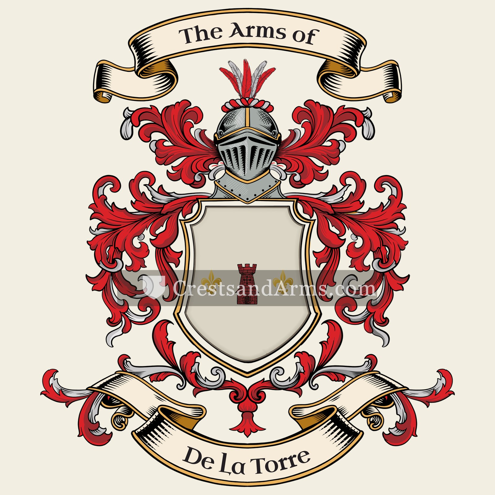 The De La Torre coat of arms, drawn from the recorded blazon