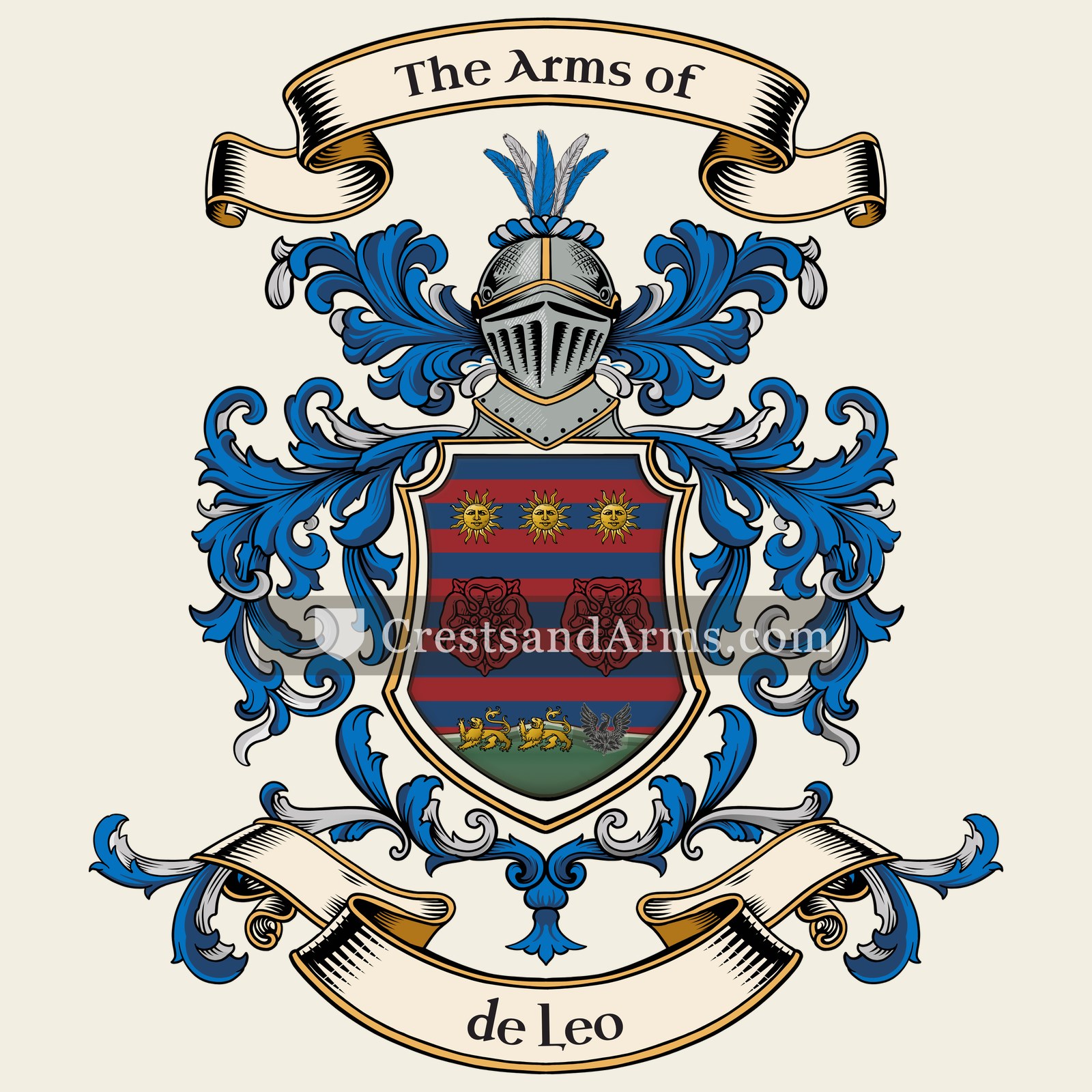 The de Leo coat of arms, drawn from the recorded blazon