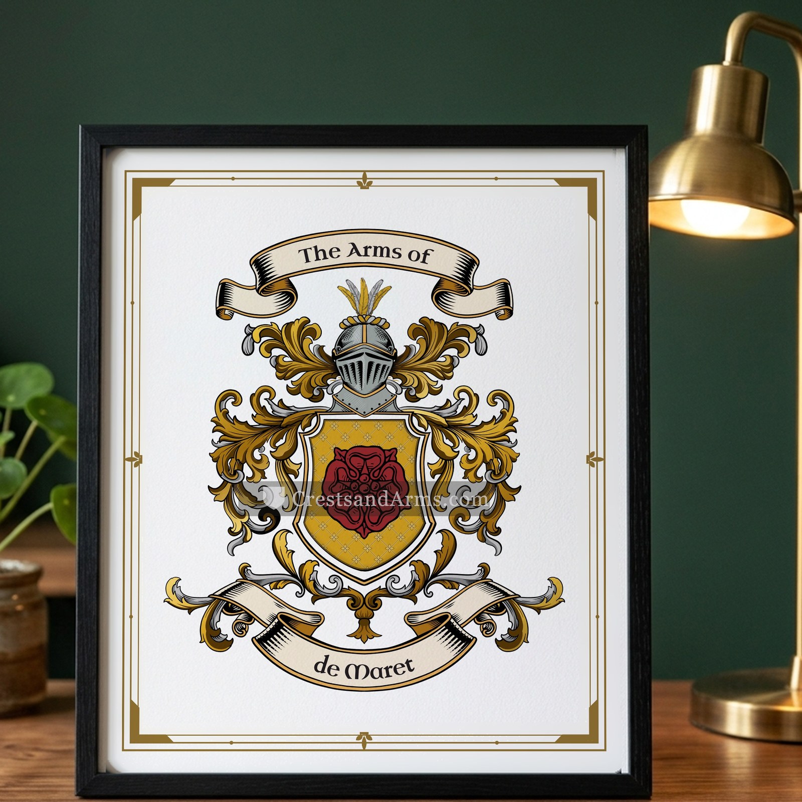 The de Maret arms on the framed, black wood