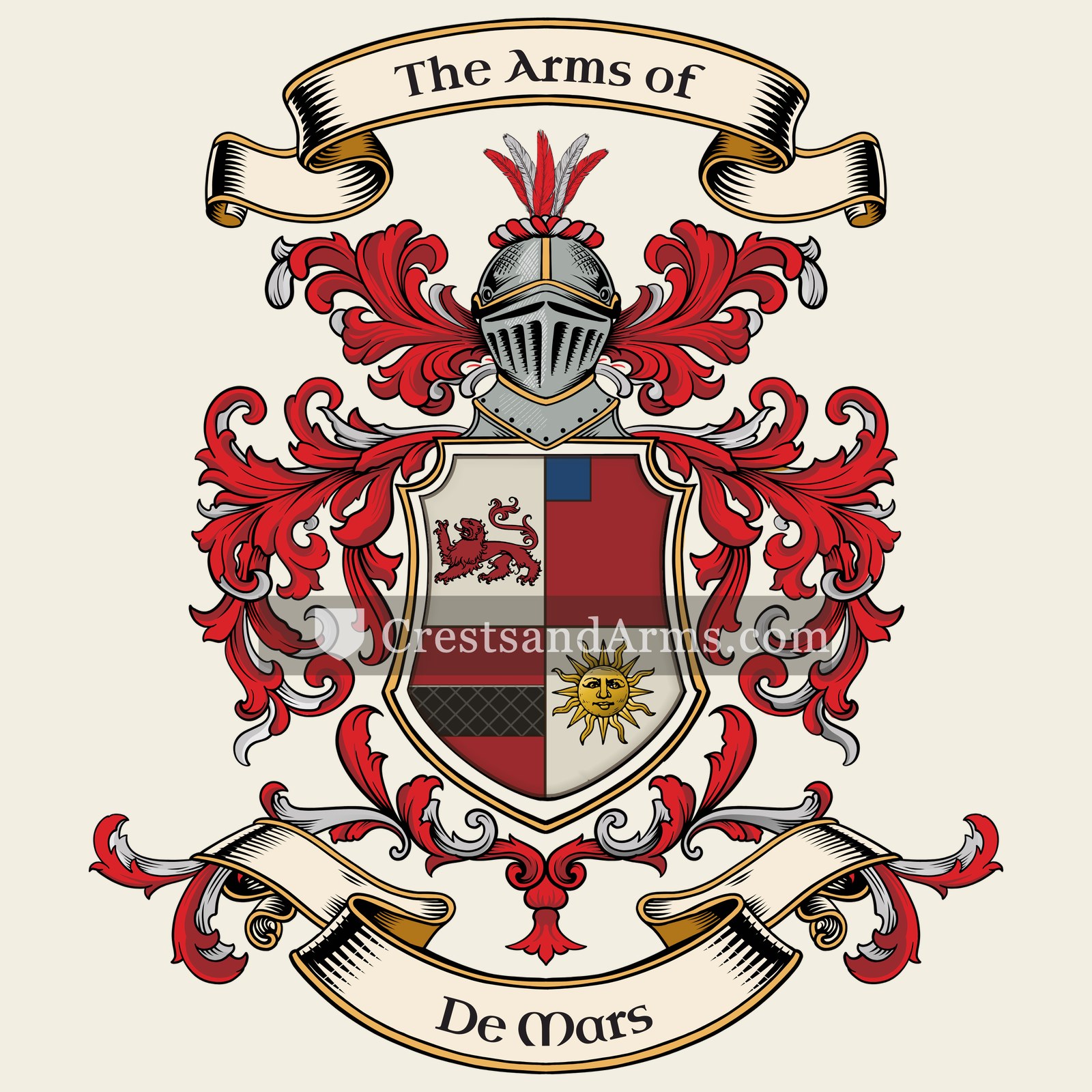 The De Mars coat of arms, drawn from the recorded blazon