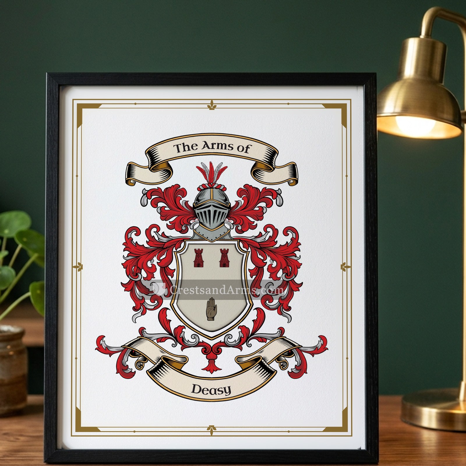 The Deasy arms on the framed, black wood