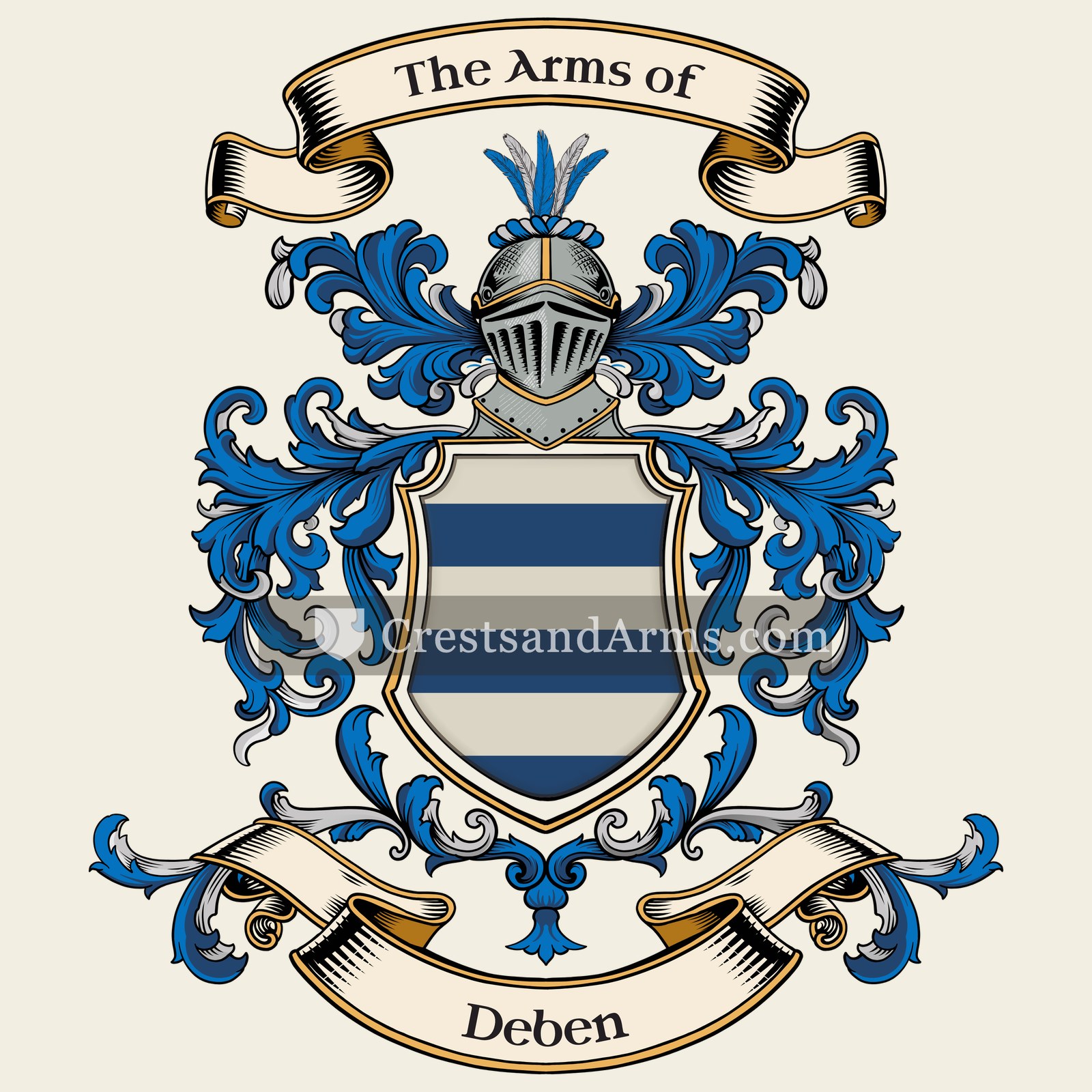 The Deben coat of arms, drawn from the recorded blazon
