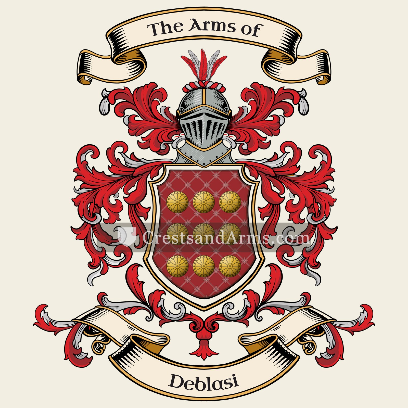 The Deblasi coat of arms, drawn from the recorded blazon