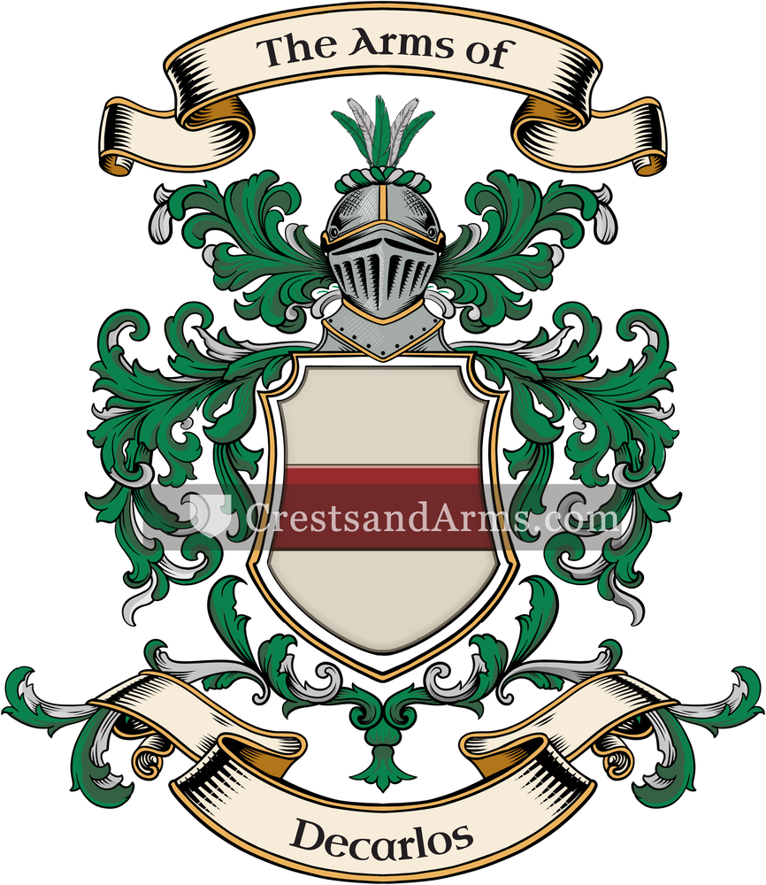 The Decarlos coat of arms, drawn from the recorded blazon