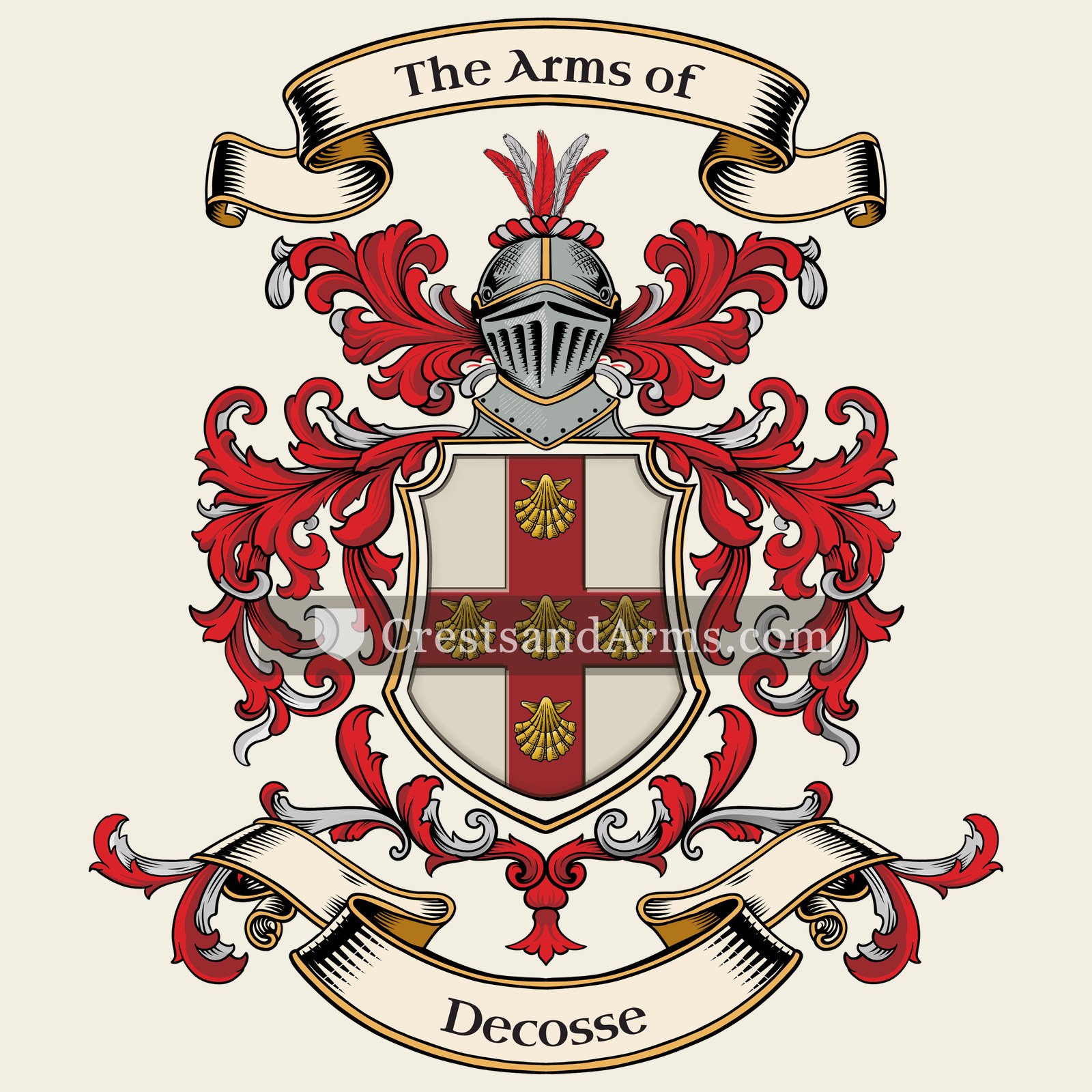 The Decosse coat of arms, drawn from the recorded blazon