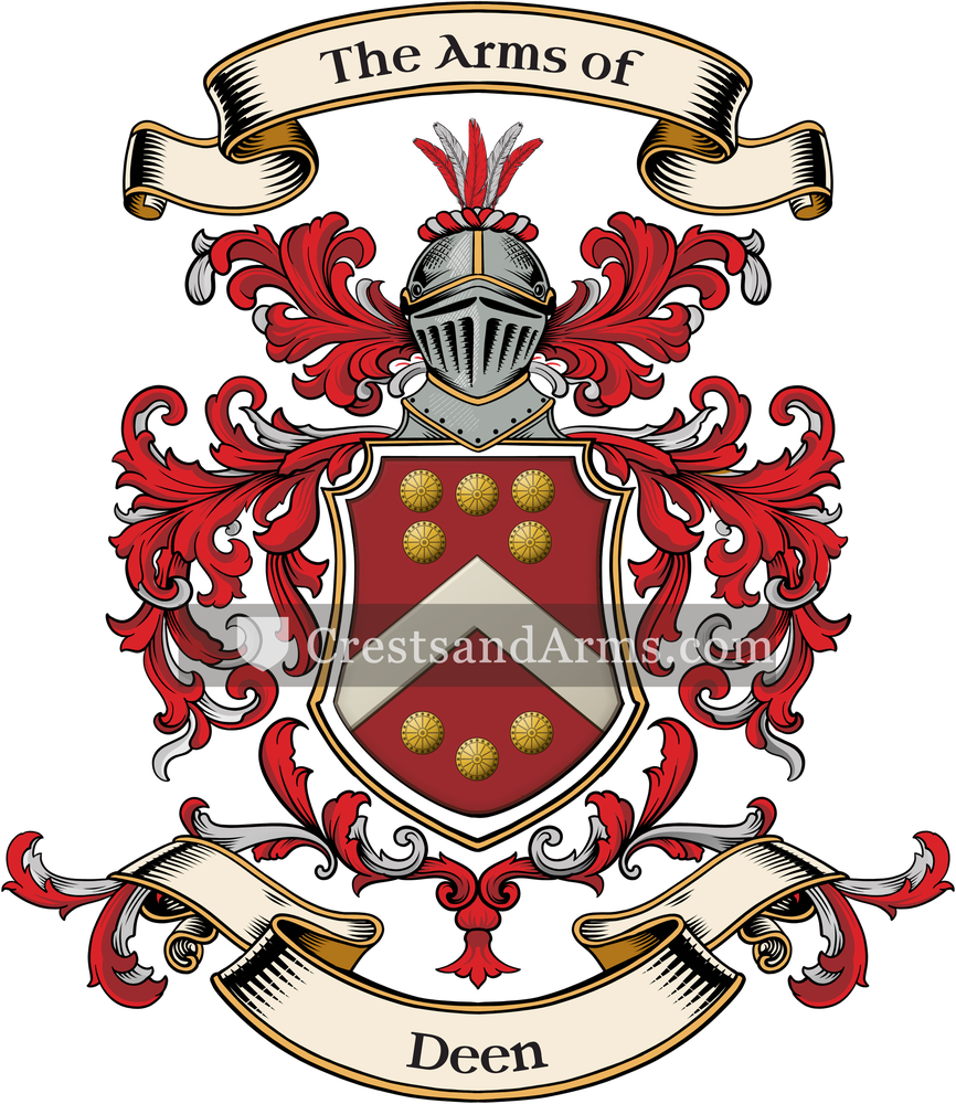 The Deen coat of arms, drawn from the recorded blazon