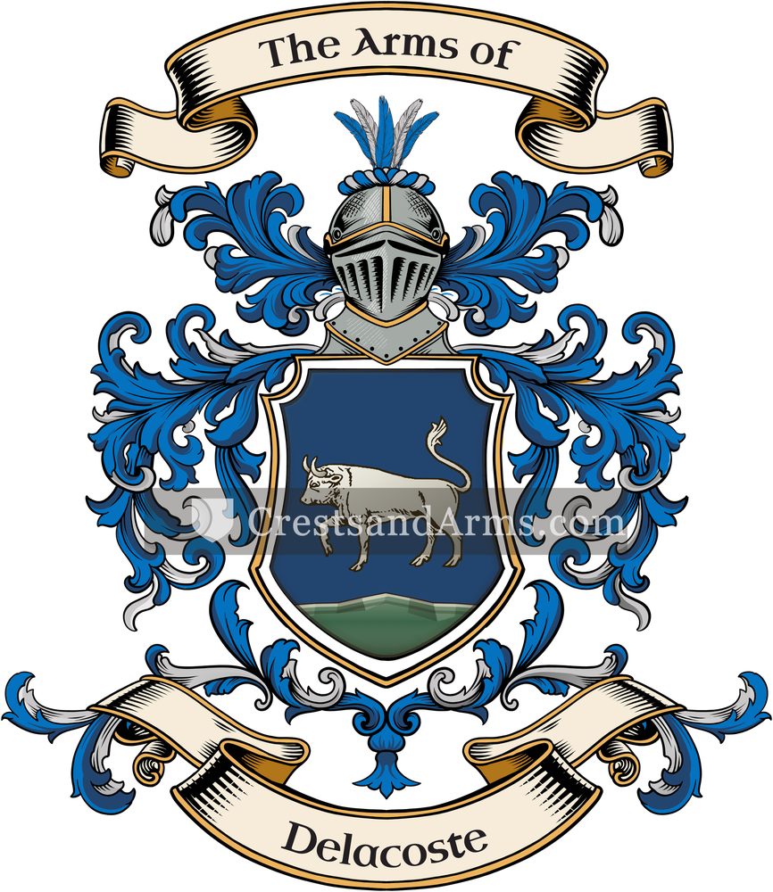The Delacoste coat of arms, drawn from the recorded blazon