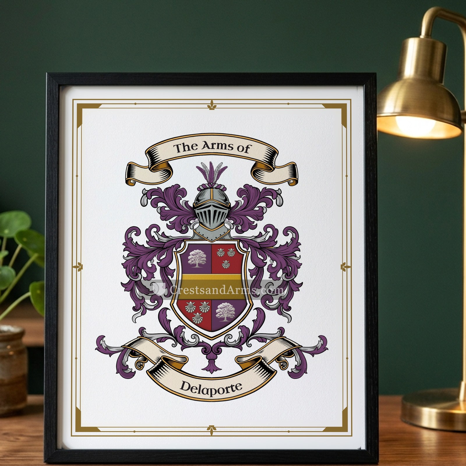 The Delaporte arms on the framed, black wood