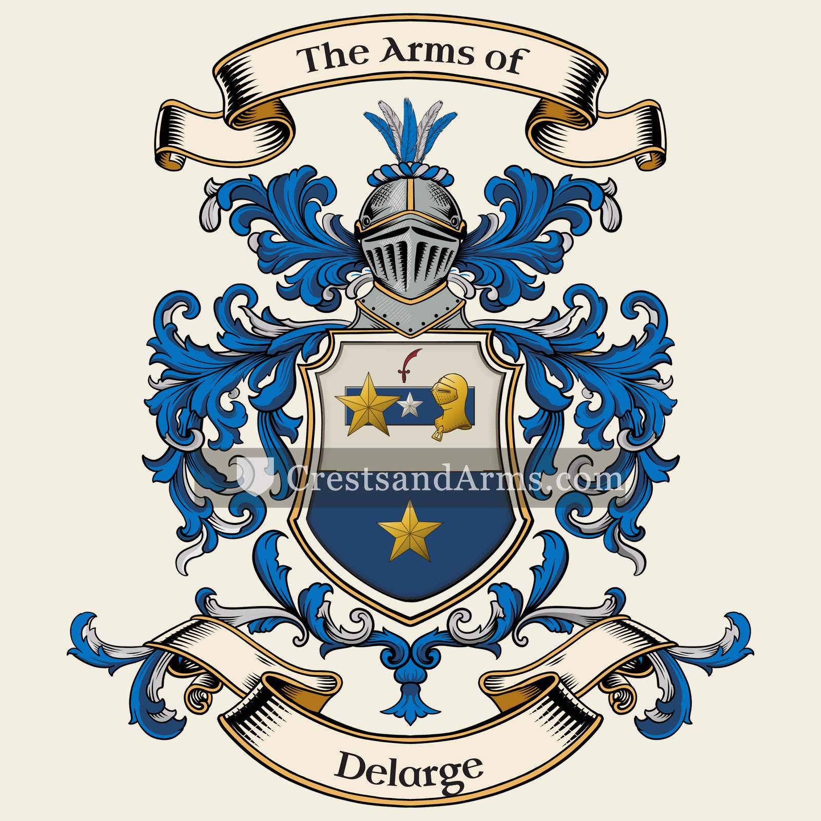 The Delarge coat of arms, drawn from the recorded blazon