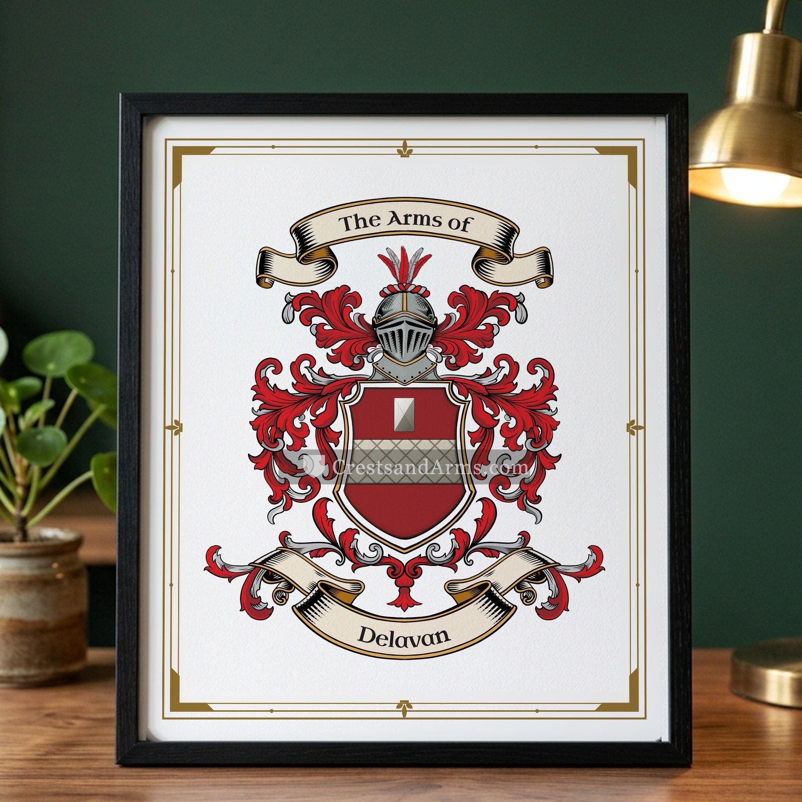 The Delavan arms on the framed, black wood