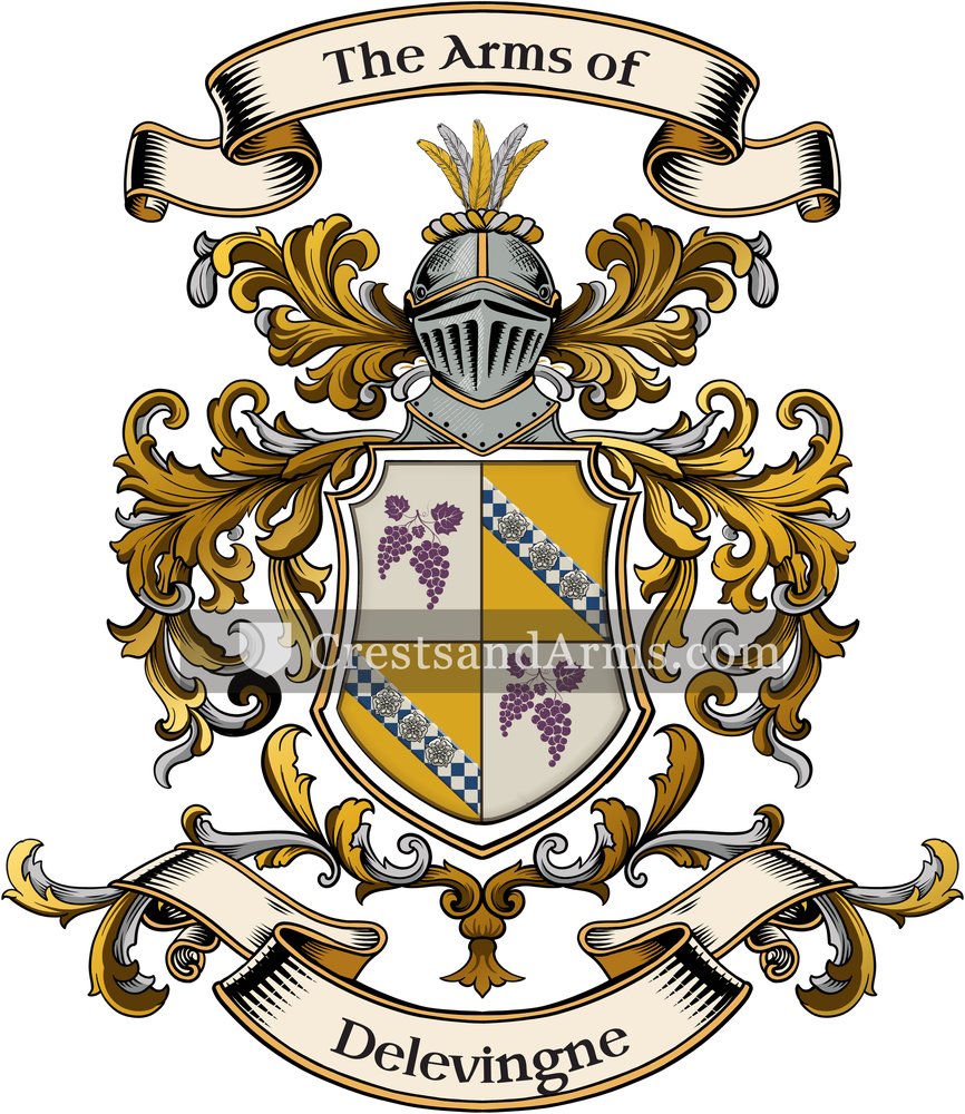 The Delevingne coat of arms, drawn from the recorded blazon