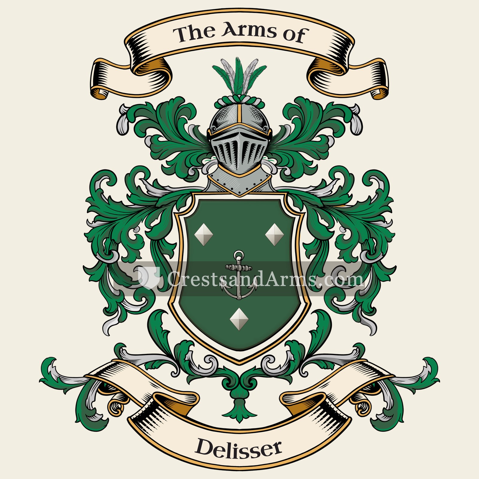 The Delisser coat of arms, drawn from the recorded blazon