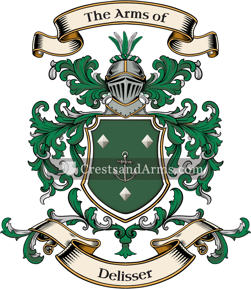 The Delisser coat of arms, drawn from the recorded blazon
