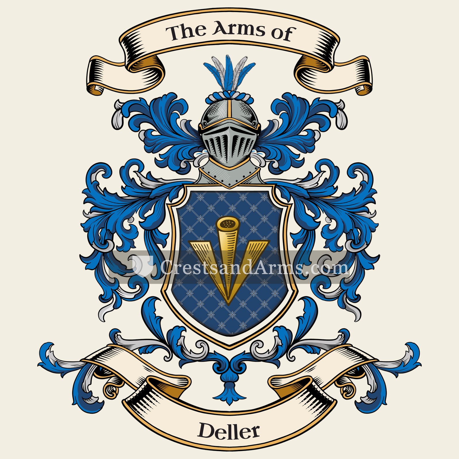 The Deller coat of arms, drawn from the recorded blazon