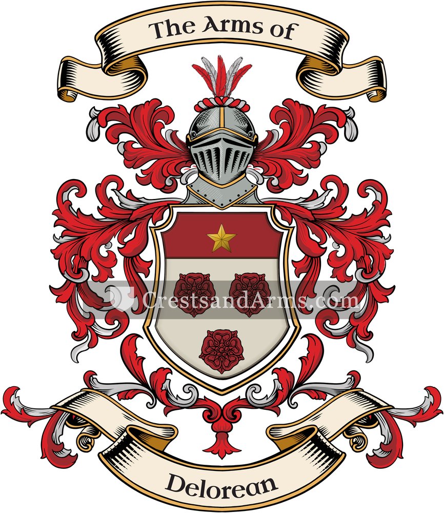 The Delorean coat of arms, drawn from the recorded blazon