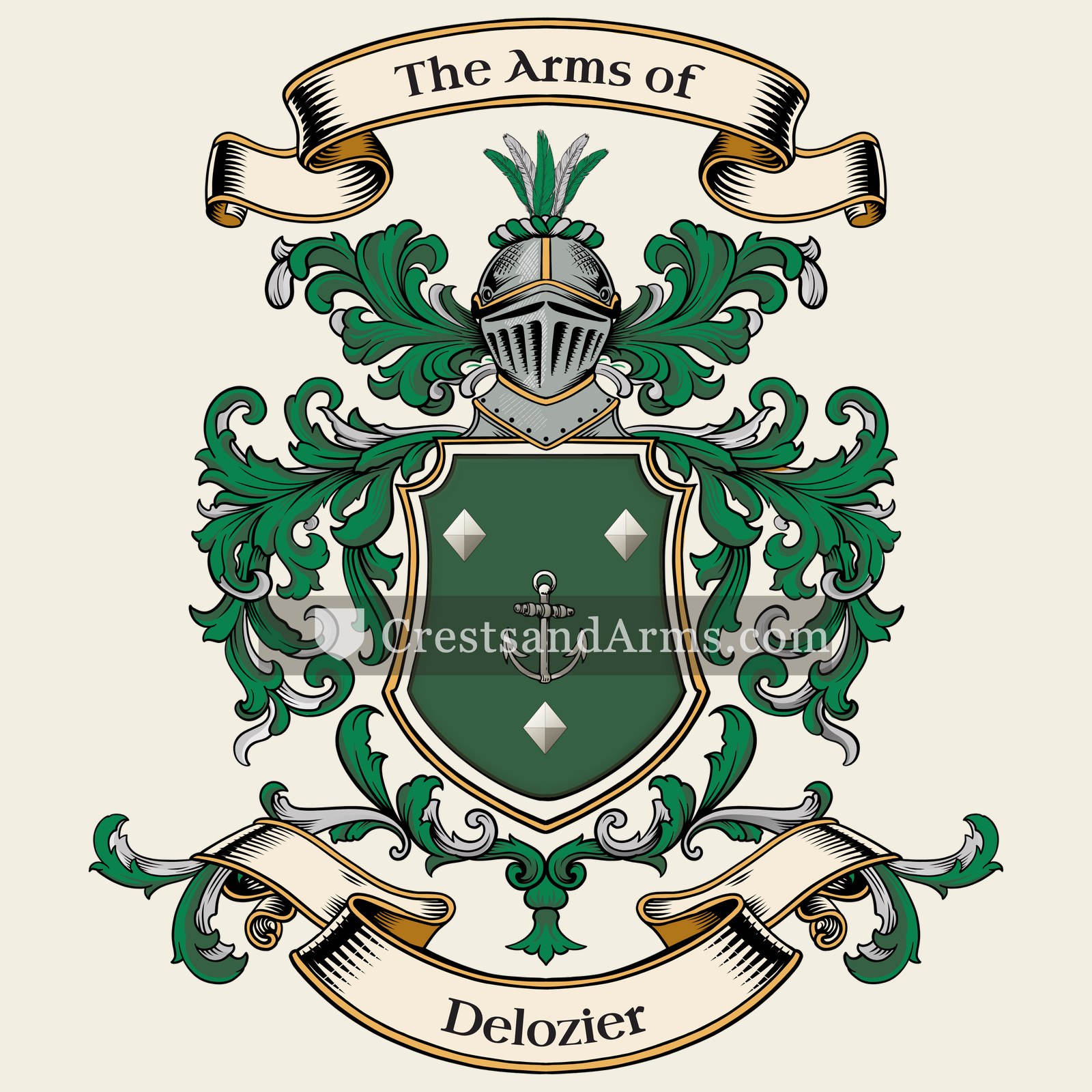 The Delozier coat of arms, drawn from the recorded blazon