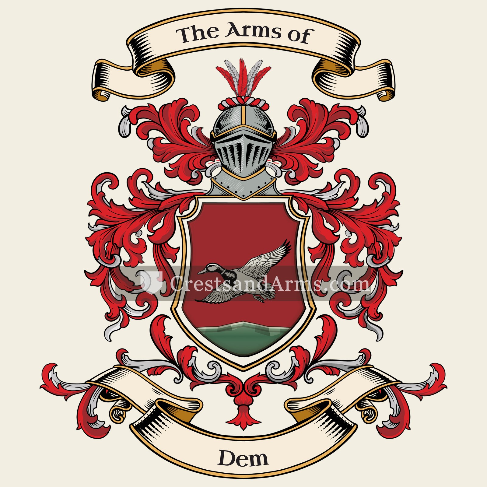 The Dem coat of arms, drawn from the recorded blazon