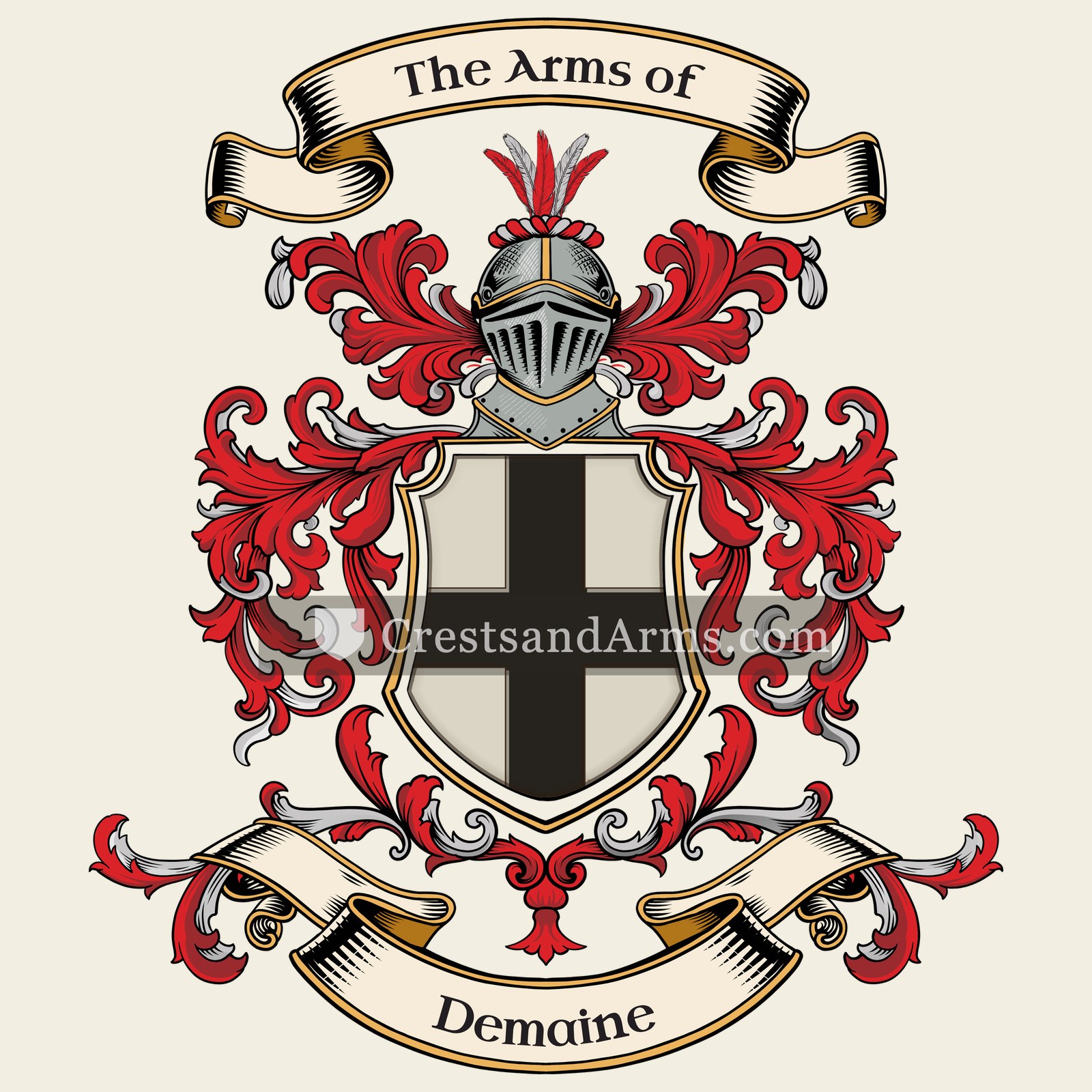 The Demaine coat of arms, drawn from the recorded blazon